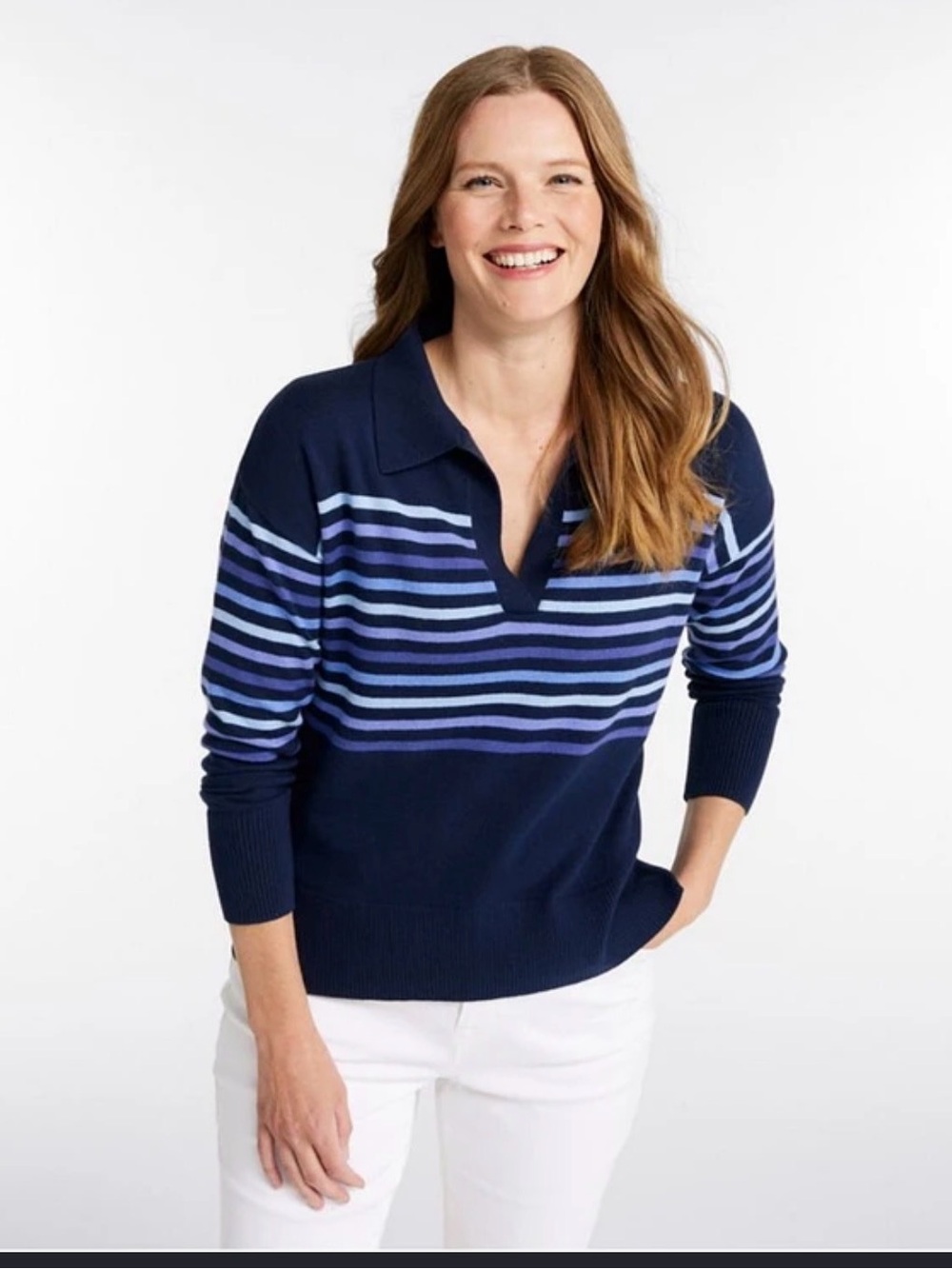 LL Bean  Navy Striped Polo Sweater with Light Blue Accents